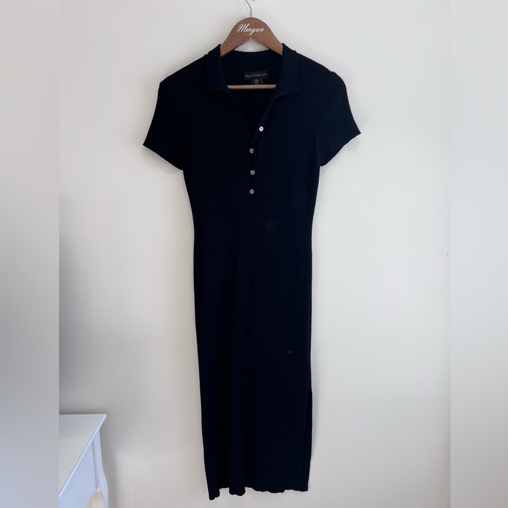 House of Harlow 1960 Ribbed Knit Midi Dress Short Sleeve Collared Black Slit, M